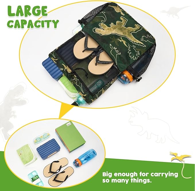 WAWSAM Dinosaur Kids Drawstring Backpack - Mesh Drawstring Bag for Boys Swim Bag with Waterproof Zipper Pocket Kids Beach Backpack for Swimming Pool Sport Yoga Travel Mesh Gym Bag