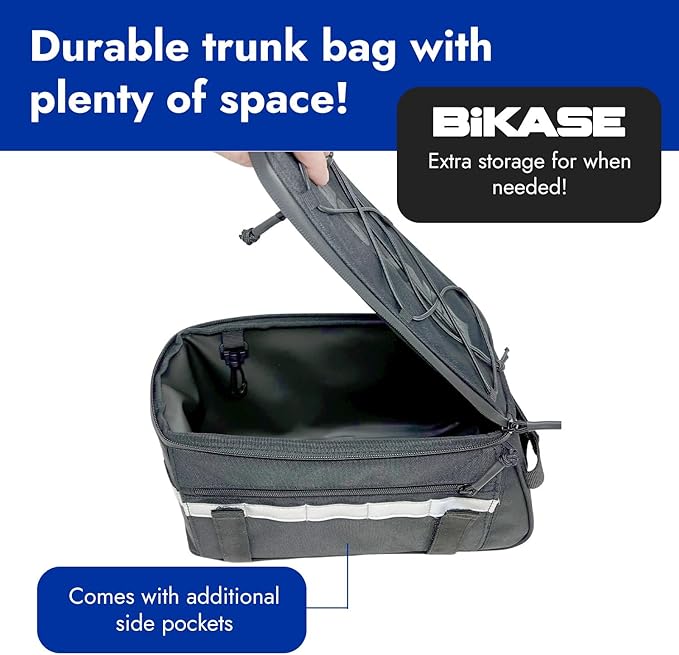 BiKase Big Momma Bike Trunk Bag - Universal Fit Medium Rear Rack Bag with Side Pockets, Top Bungee, Mesh Pocket, Key Holder & Reflective Accents - Spacious Bicycle Rack Bag for Ebikes & Bicycles