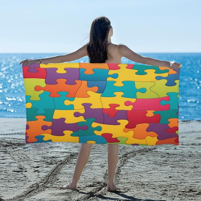 Colorful Jigsaw Puzzles Pattern Beach Towel Oversized Quick Dry Beach Blanket Microfiber Sand Free Absorbent Lightweight Bath Towel for Pool Travel Swimming Camping Women Men, 30" x 60"
