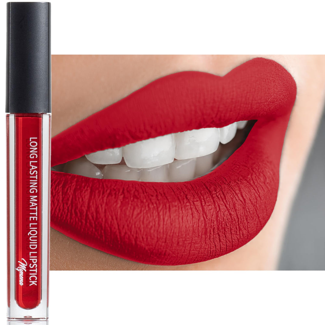 Mynena Bright Red Matte Lipstick Long Lasting Lightweight For High Comfort All-Day Wear Talc-Free Paraben-Free Cruelty-Free | Lo