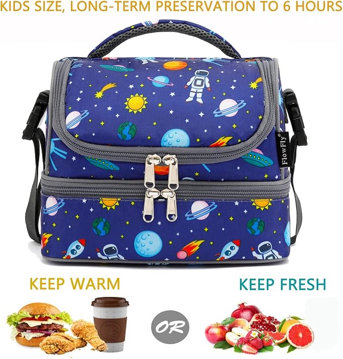 FlowFly Kids Double Decker Cooler Insulated Lunch Bag Large Tote for Boys, Girls, Men, Women, With Adjustable Strap, Astronaut