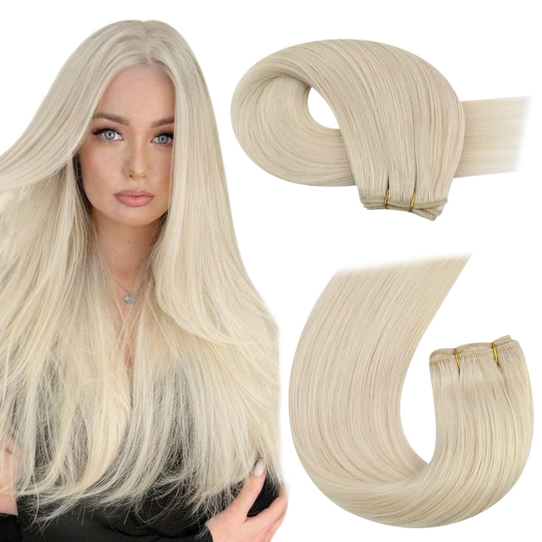 Moresoo Weft Hair Extensions Human Hair Blonde Platinum Double Weft Sew In Hair Extensions Real Human Hair Platinum Blonde Hair