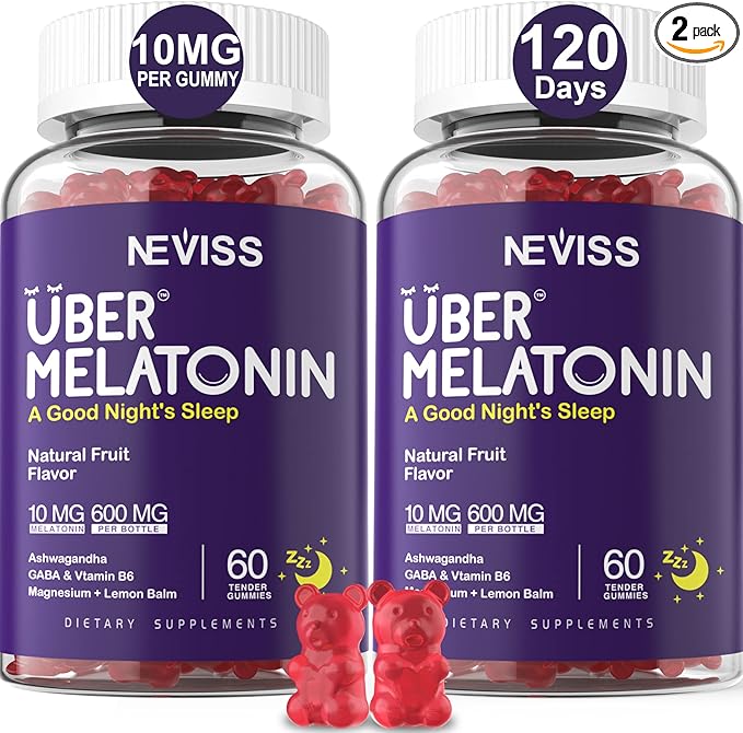 Melatonin Gummies 10mg 20mg for Adults, Melatonin 10 mg per Gummy with Ashwagandha, Magnesium Glycinate, GABA, L-theanine, Valerian Root & Lemon Balm, Rest Support Supplement, Grape Flavor, 2-Pack