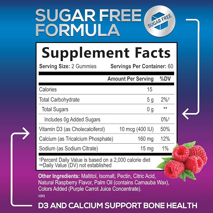 Sugar Free Calcium Gummy Bites Plus 400 IU Vitamin D3, Bone Health & Immune Support, Supports Bone Strength - Chewable Calcium Nutrition Supplement, Non-GMO, Berry Flavor Chews - 120 Gummies