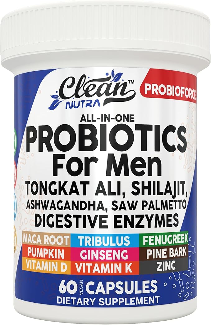 Clean Nutra Probiotics for Men | Tongkat Ali, Saw Palmetto, Tribulus, Ginseng, Ashwagandha, Maca, Pumpkin, Gingko Biloba, Pine Bark, Fenugreek, Shilajit, Zinc - Mens Probiotic 60 Capsules