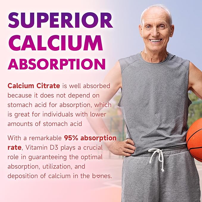 2 Pack Calcium Citrate Gummies 1000mg w/Vitamin D3, High Absorption Calcium Gummies for Women & Men, Plus Magnesium, Potassium, Zinc for Muscle & Immune, Raspberry Flavor, 120 Count