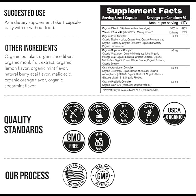 Organic Plant D3 + K2 | 5000 iu D3 + 120 mcg K2 as All-Trans MK7 from MenaQ7® - 100% Whole Food, Raw & Vegan | Enhanced Digestion with Prebiotic & Superfood Complex – D3 from Organic Algae (60 Count)