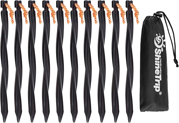 TRIWONDER Tent Stakes Heavy Duty Metal Ground Pegs Camping Stake Tarp Anchors Tent Spikes Aluminum Outdoor Sand Garden Camping Accessories for Beach (Black - Swirled Shape - 9.84 Inches - 10 Pack)