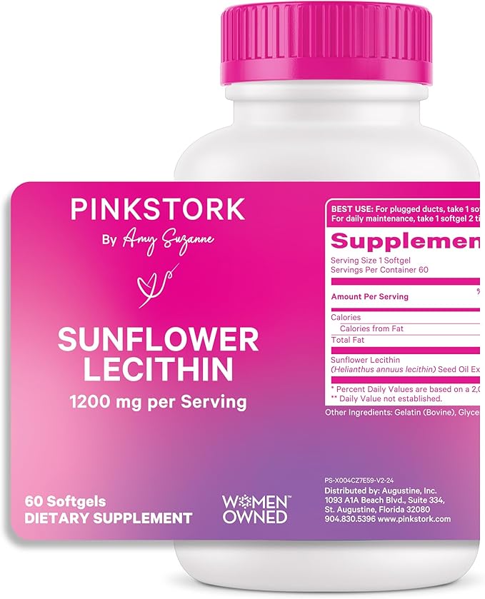 Pink Stork Sunflower Lecithin Supplement - 1200 mg for Clogged Milk Ducts - Breastfeeding Essentials for Postpartum Moms - Supports Breast Milk Flow - 60 Softgels