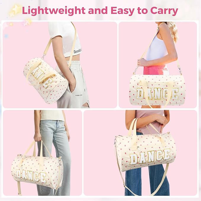 Dance Bag for Girls, KUIRAN 23L Waterproof Travel Duffel Bag with Colorful Chenille Letter, Lightweight Small Gym Sport Ballet Weekender Bag with Large Main Compartment - Strawberry/White