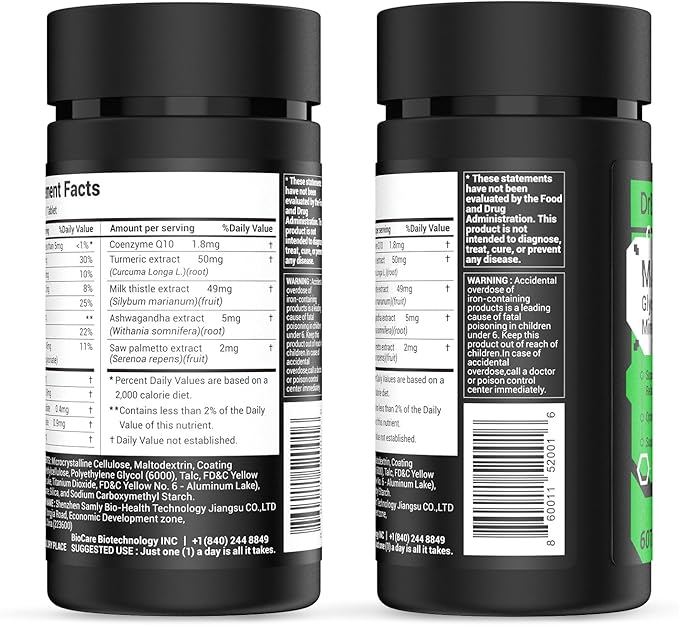 Energy Boost & Magnesium Glycinate, Contains Vitamin D3, Vitamin C, Turmeric, Ashwagandha, Milk Thistle, Calcium & Magnesium Supplement 120 Tablets