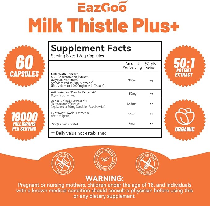 Milk Thistle Capsules 19000mg Equivalent, 50X Concentrated Seed Extract & 80% Silymarin Standardized, Liver Support Supplement, Vegan, Non-GMO, 120 Capsules