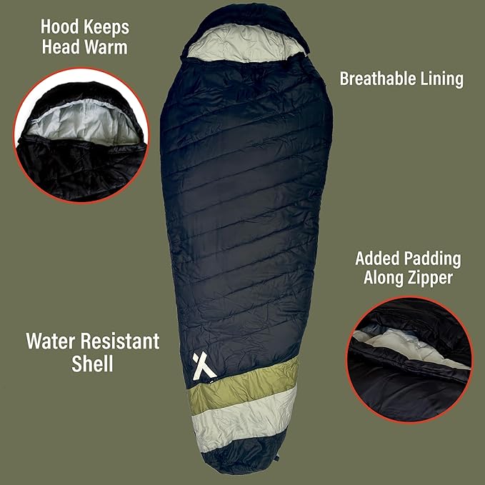 15 Degree Sleeping Bag for Adults 3-4 Season, for Cold Weather, Backpacking, Camping, Survival, Hiking, with Compression Sack and Ergonomic Adjustable Hood - Black