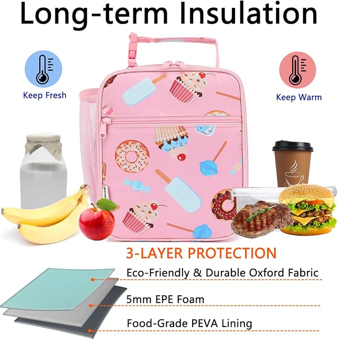 Lunch Box for Kids Boys Girls Men Women, Insulated Small Soft Cooler Lunch Bag Kit for School Work Picnic Travel - Reusable Portable lunchbox,Pink Cake
