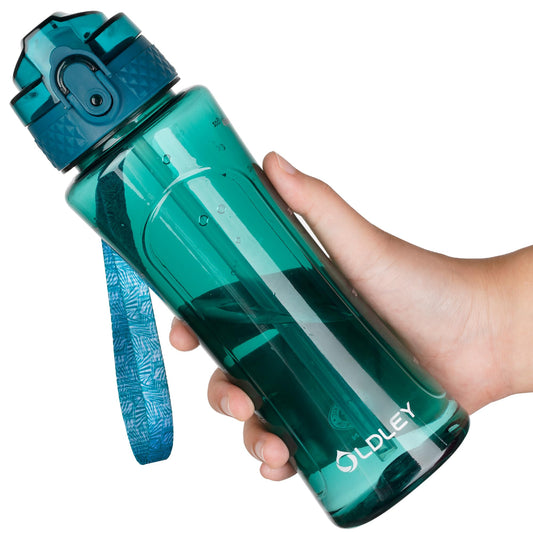 OLDLEY Kids Water Bottle with Straw 15 oz BPA-Free Leak-Proof Motivational Water Bottles with Time Marker for School Sports Travel Gym, Easy to Use for Girls Goys, 1 Straw Lid,Transparent-dark green