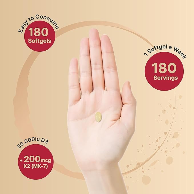 NatureBell Vitamin D3 50,000 iu with K2 200 mcg, 180 Coconut Oil Softgels | Vitamins D as Cholecalciferol & K as MK-7 | Max Strength Bone, Heart, Immune, & Calcium Support | Once Weekly, Non-GMO