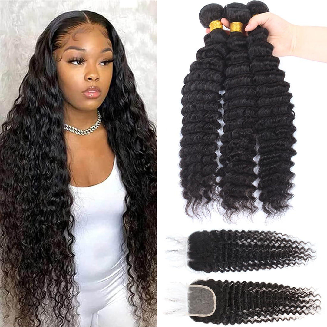 12A Brazilian Virgin Deep Wave Hair 3 Bundles With Closure (16 18 20+14''Closure) 100% Unprocessed Virgin Brazilian Pineapple Wa