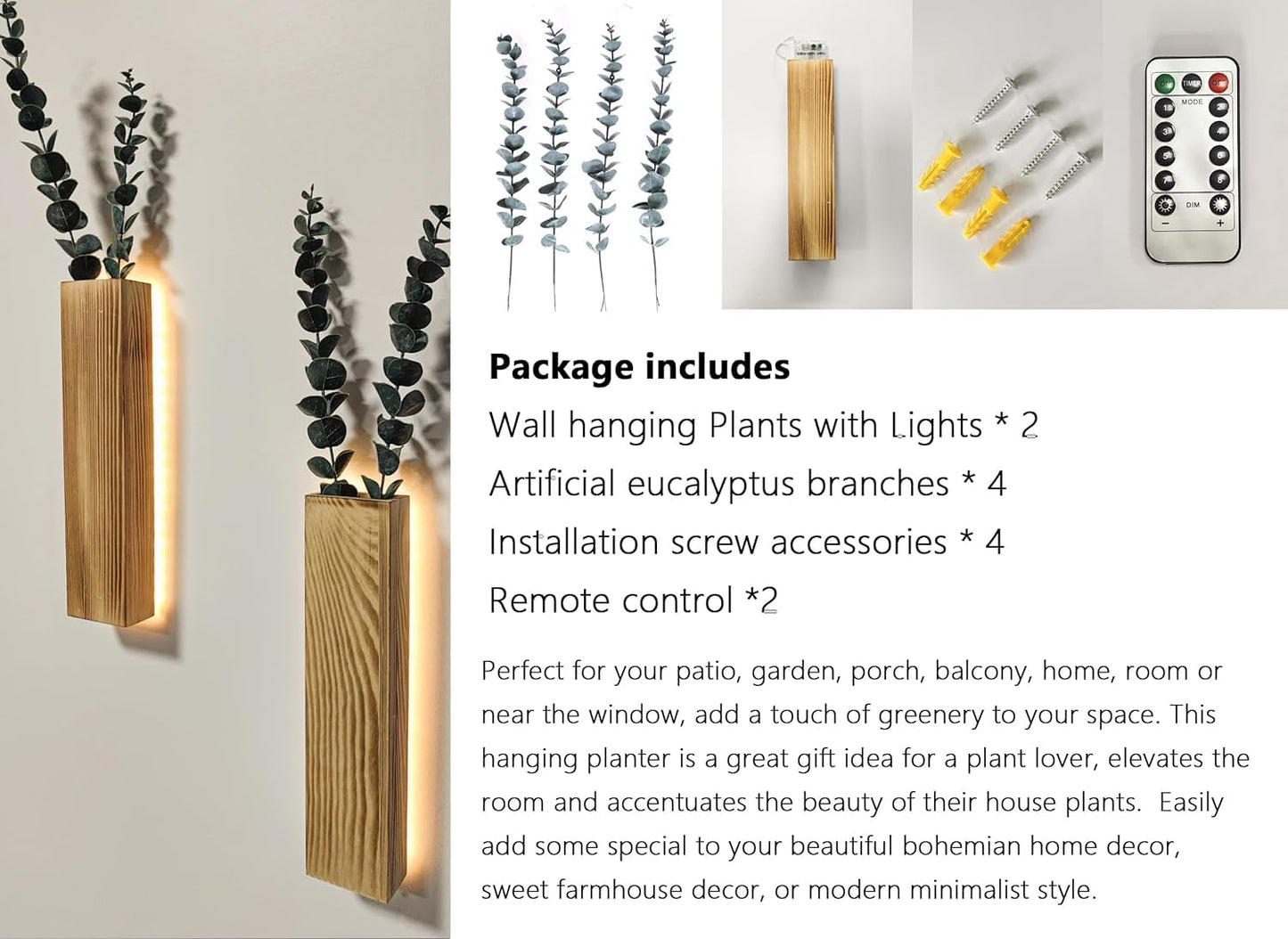 Artificial Eucalyptus with LED Lights Wall Planters Rustic Wall Decor with Lights Wall Sconces Fake Vines for Room Decor Home Bedroom Living Room Bathroom Hanging Vase for Dried Flowers Faux Plants