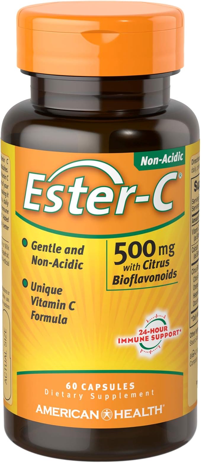 American Health Ester-C with Citrus Bioflavonoids Capsules - 24-Hour Immune Support, Gentle On Stomach, Non-Acidic Vitamin C - Non-GMO, Gluten-Free - 500 mg, 60 Count, 30 Servings
