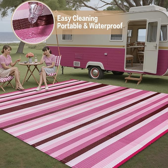 Outdoor Waterproof Rug 6'x9' Plastic Straw Rugs Washable Reversible Floor Mat Pink Stripe Carpet for Camping RV Deck Entryance Porch Picnic Balcony Beach Backyard