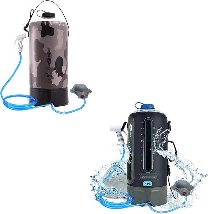 Portable Camping Shower Bag - 10L/2.2 Gallons and 12L/3.17 Gallons Solar Shower Water Bag with Foot Pump, Hose and Shower Head - Camp Shower for