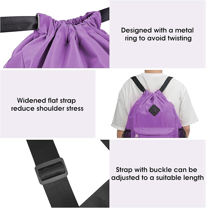 WANDF Drawstring Backpack Sports Gym Bag with Shoes Compartment, Water-Resistant String Backpack Cinch for Women Men(Large,Purple)