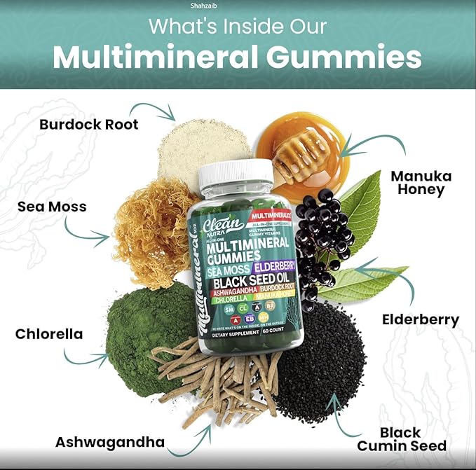 Clean Sea Moss Gummies | Black Seed Oil Ashwagandha, Elderberry, Burdock Root, Chlorella, Manuka Honey - Vegan Irish Sea Moss Gummy Vitamins For Adults Kids Men Women - Multimineral Green Apple Flavor
