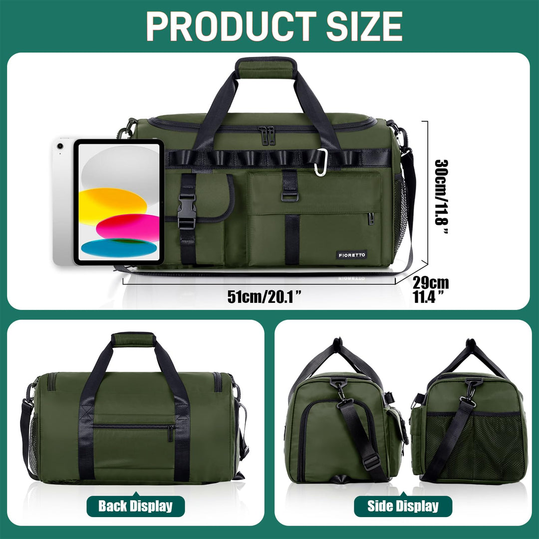 FIORETTO Women's Men's Water-Resistant Gym Duffle Bag with Shoes Compartment, 45L Capacity, Multi-Functional, Ideal for Travel, Gym, Sports, Weekender, Army Green