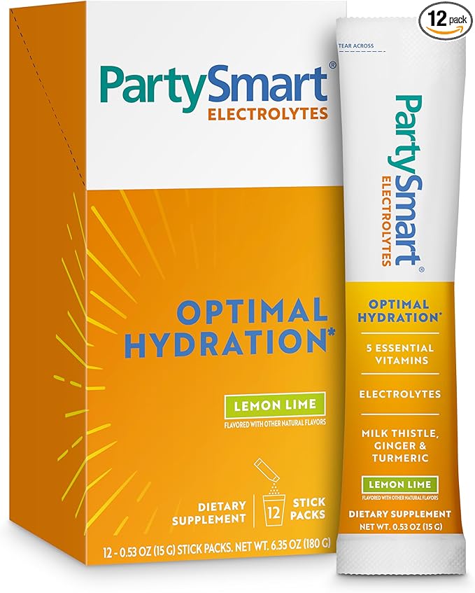 Himalaya PartySmart Lemon Lime Electrolytes Powder Packets, 12 Count, Support Hydration, Rehydrate with Sodium & Potassium, Vitamin C & more, Antioxidant Recovery Blend Milk Thistle, Ginger & Turmeric