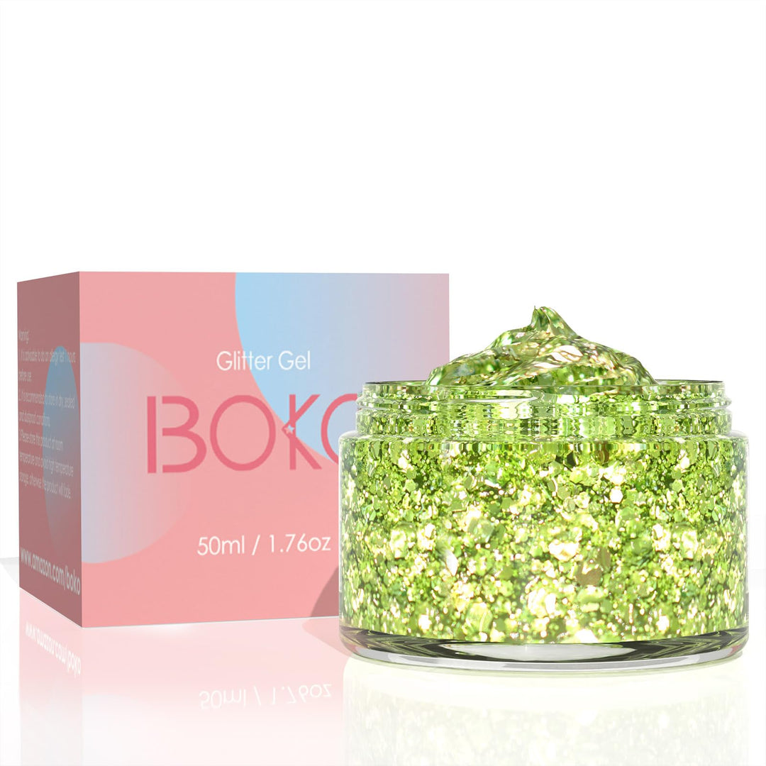 Boko 50ML Body Glitter Gel, Green St. Patrick's Day Mermaid Chunky Glitter for Face Hair Body Sparkle Makeup, Face Glitter Sequins for St. Patrick's Day Coachella Concert Party Rave Accessories
