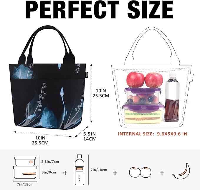 Aosbos Large Lunch Bags for Adult Lunch Box for Women Insulated LunchBox Soft Cooler Tote Bag Food Organizer Holder Lunchbag Black Dream Flower