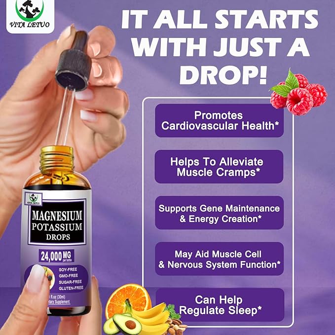 Magnesium Glycinate with Potassium Supplement,Liquid Magnesium Glycinate 500mg Potassium Citrate 500mg, Magnesium Liquid Drops for Vascular, Bone, Heart, Muscle & Nerve Health,Non-GMO,Vegan