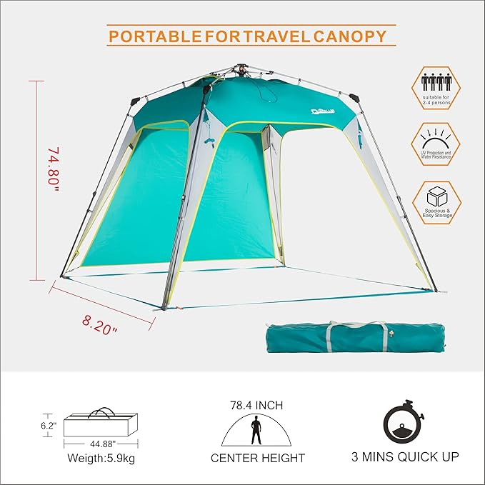 8.2'x8.2' Pop Up Canopy Tent Easy One Person Setup Instant Outdoor Beach Canopy Folding Portable Sports Shelter with 1 Sidewall - Turquoise