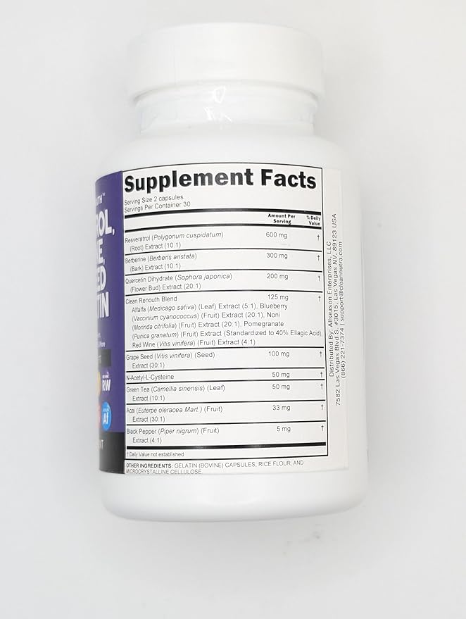Clean Resveratrol Supplement | Berberine Grape Seed Extract Quercetin Green Tea Extract Acai Noni Polyphenol Supplement for Women & Men Anti Aging N-Acetyl Cysteine NAD Booster
