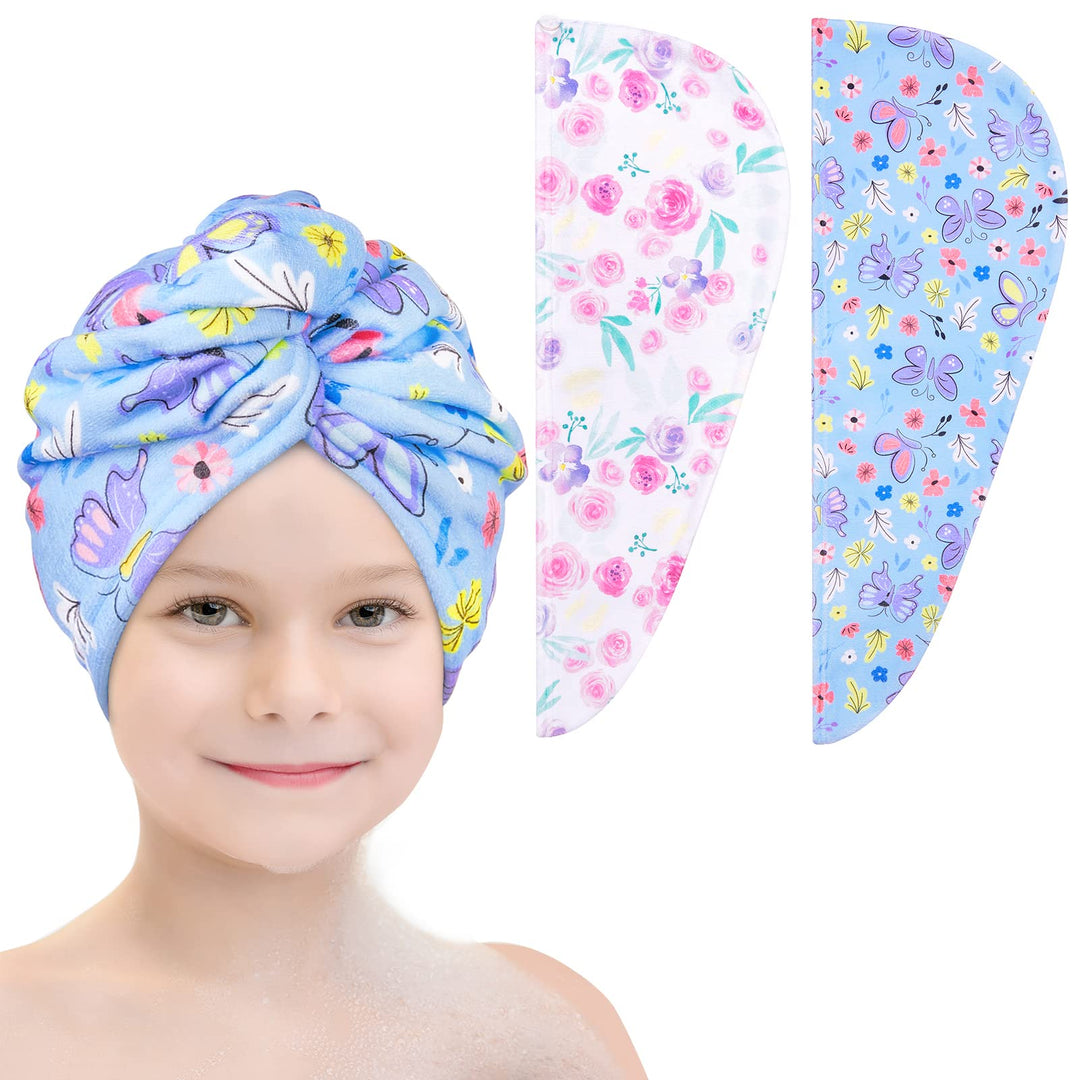 Basumee Microfiber Hair Towel Wrap for Kids 2 Pack Rapid Drying Hair Towel with Button Hair Turbans for Wet Hair Wraps Head Towel Wrap for Women and Girls, Flower