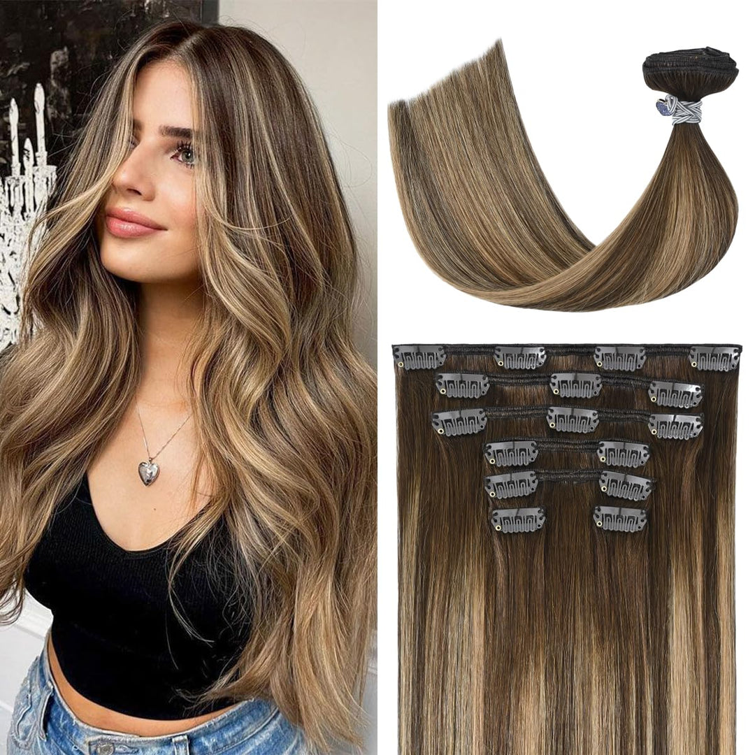 Ugotrays Balayage Ombre Medium Brown Fading To Caramel Blonde Clip In Hair Extensions Real Human Hair 20Inch 120G 4/27/4 100% Hu