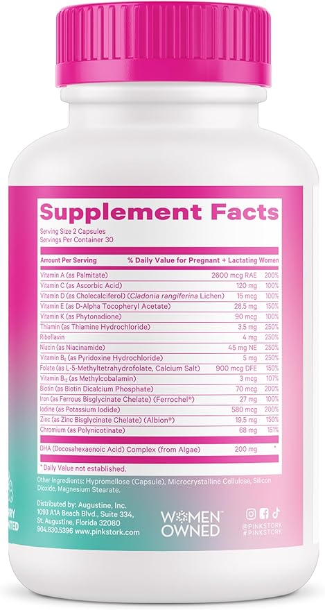 Pink Stork Total Postnatal Vitamins for Women with Vegan DHA, Iron, Folate, and Vitamin B12, Postpartum Recovery Essentials, Daily Supplement for Breastfeeding Moms - 1 Month Supply