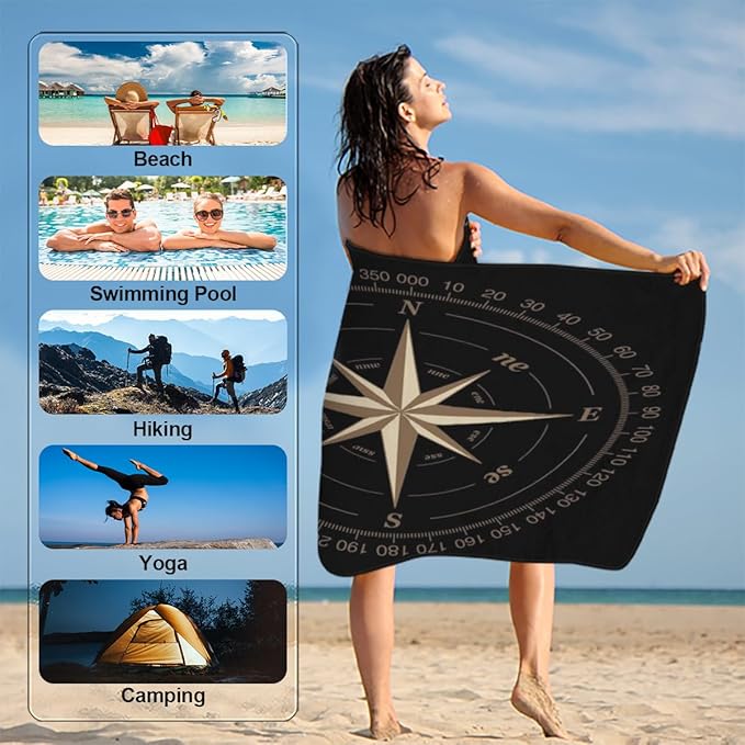 Compass Rose Beach Towel Oversized Quick Dry Beach Blanket Microfiber Sand Free Absorbent Lightweight Artwork Black Bath Towel for Pool Travel Swimming Camping Women Men