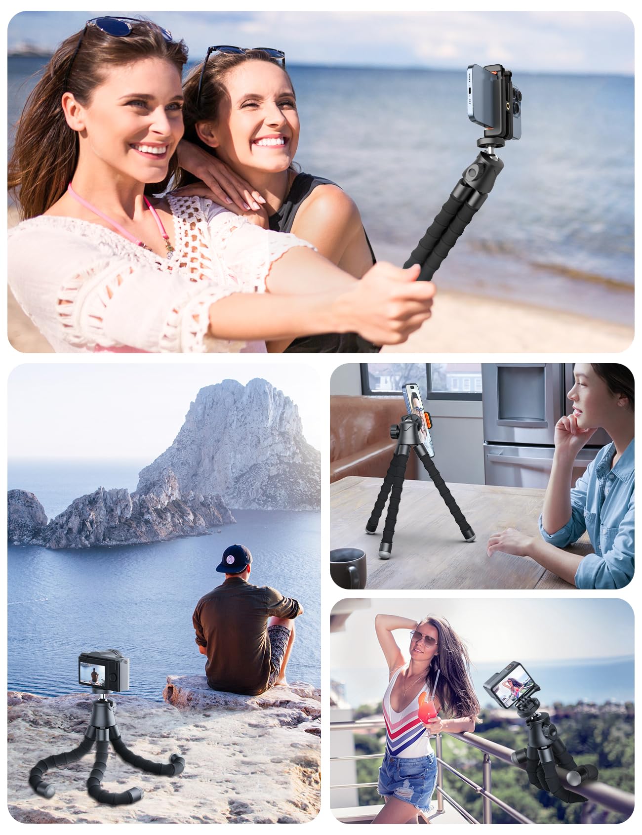 Phone Tripod, Portable and Flexible Phone Stand for Video Recording with Wireless Remote, 360° Rotating Tabletop & Travel Tripods for iPhone, Smartphones, Camera