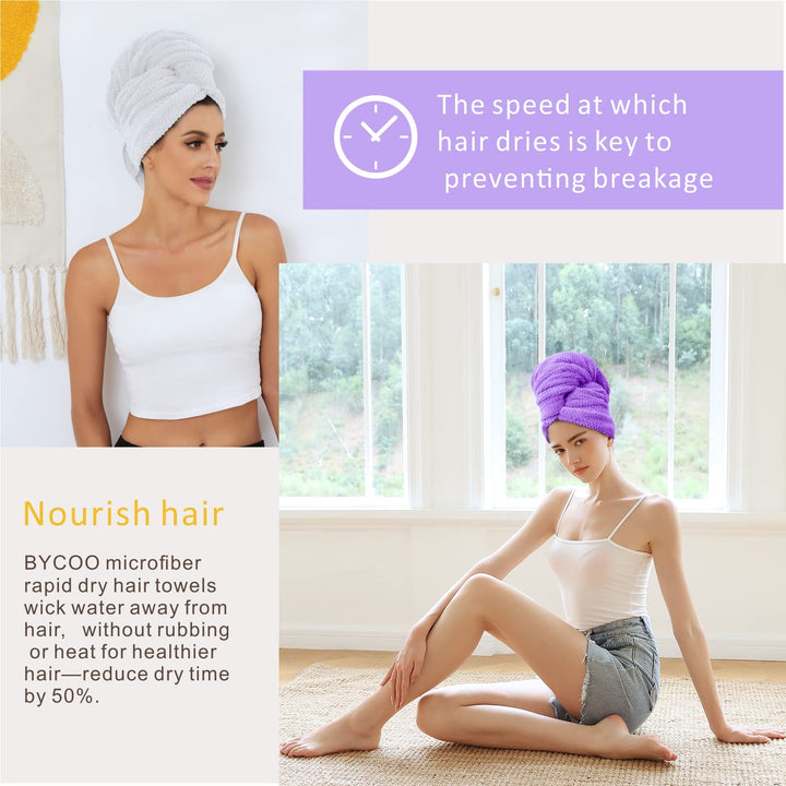 BYCOO 2 Pack Large Microfiber Hair Towel Wrap for Women, Anti Frizz Hair Drying Towel, Fast Dry Hair Turban for Wet Hair, Long, Thick, Curly Hair, Super Absorbent Soft Hair Towels (Purple & White)