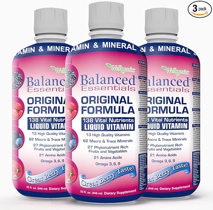 Wellgenix Balanced Essentials Plus New Formula - Liquid Vitamin - Complete Multivitamin Supplement - 1oz Daily - Immune Boosting & Overall Health - Adults, Kids, Toddlers - Berry Flavor 32oz (3)