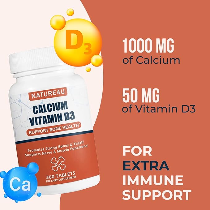 Calcium 1000 mg with Vitamin D3, Bone Health Supplement for Adults, Support Muscel Nerve Health and Calcium Absorption, 300 Tablet