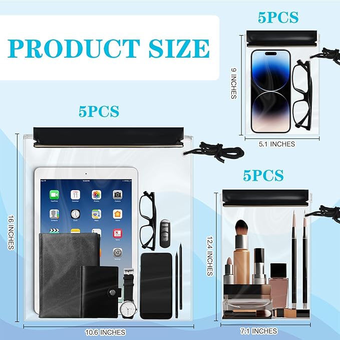 15 Pack Waterproof Bags Clear Water Tight Pouch Holder 3 Sizes Dry Bags Boating Waterproof Cases Sealable Phone Pouch for iPhone iPad Maps Camera Document Holder Kayaking Swimming Beach