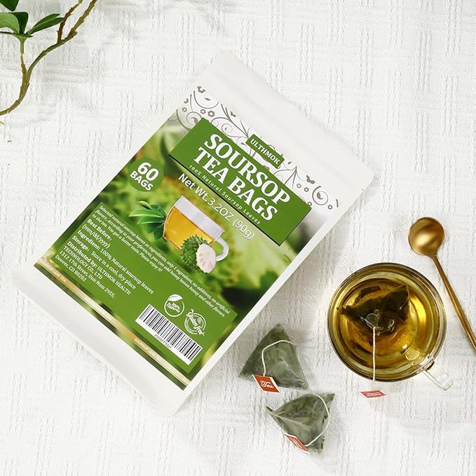 Premium 60 Soursop Tea Bags, Made with 100% Natural Graviola Leaves, Hoja Guanabana Tea, No Additives & Caffeine Free.