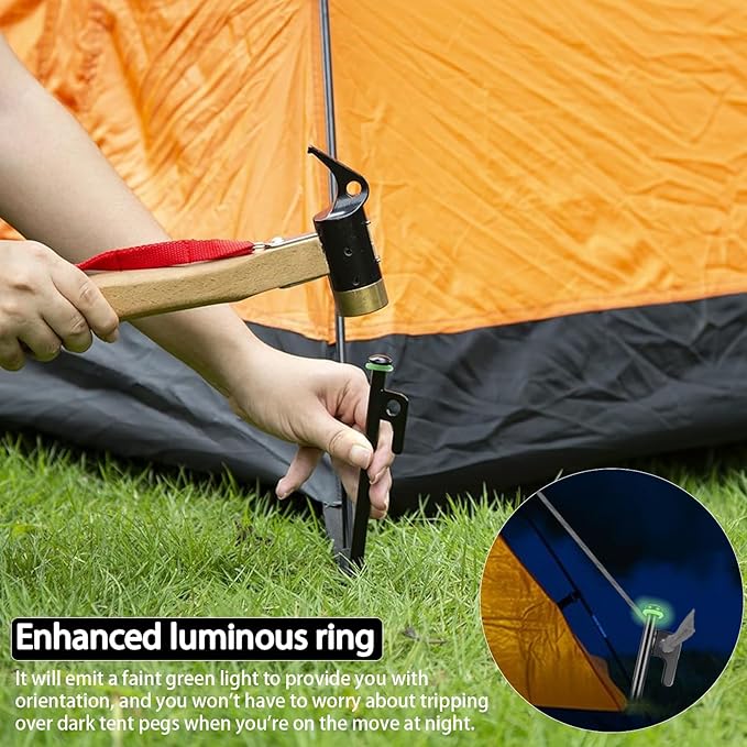 12Inch Heavy Duty Tent Stakes, 8PCS Tent Pegs Metal+Fluorescent Silicone Rings+ Storage Bag for Camping