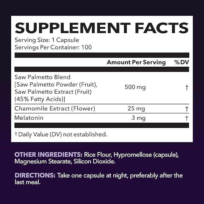 Saw Palmetto PM for Men with Melatonin 3mg - Night Time Prostate Health Supplement for Bladder and Sleep Support - Reduce Urinary Frequency - 100 Count - Vegan, Non-GMO Capsules - Over 3 Month Supply