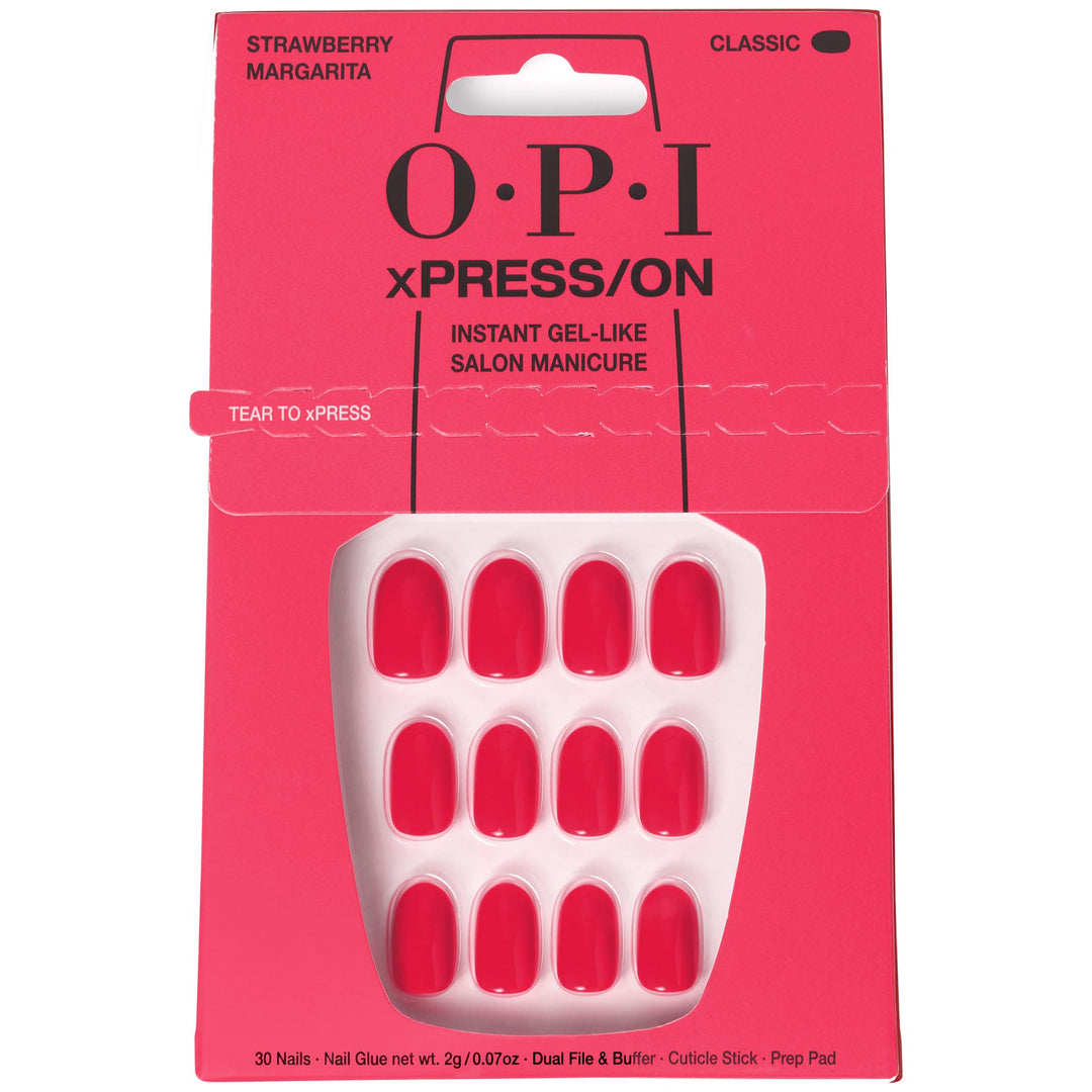OPI xPRESS/ON Strawberry Margarita | Bright Pink Short Round Press On Nails | With Nail Glue | Long Lasting, Reusable, Non-damaging