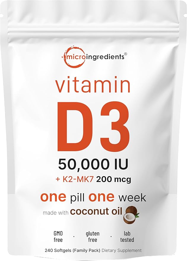 Micro Ingredients Vitamin D3 50,000 IU Plus K2 (MK-7) 200 mcg, 240 Virgin Coconut Oil Softgels | 2 in 1 Vitamins D & K Complex | Supports Calcium Absorption, Bone, Immune, & Heart Health