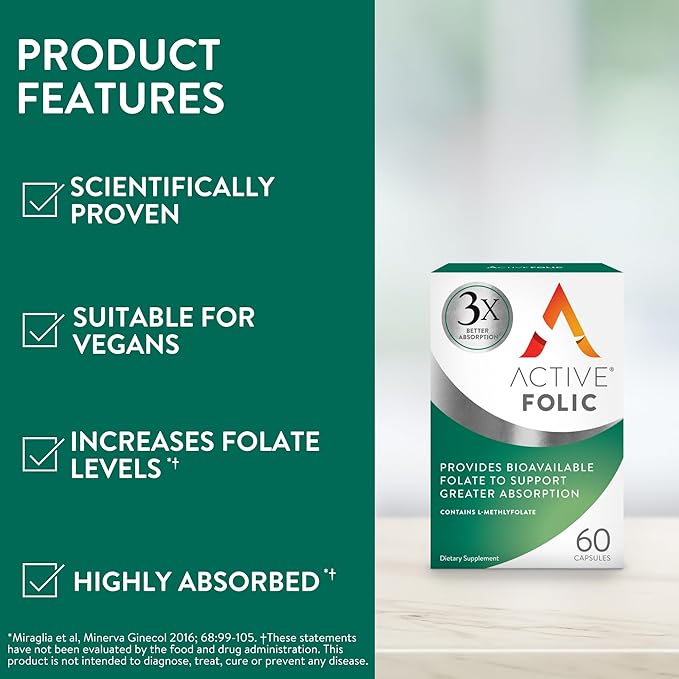 Active Folic, Folic Acid Supplement for Pregnancy, 60 Capsules, Fights Tiredness & Fatigue, 3X Better Absorption of L-Methylfolate, Vegan, Gluten Free & Sugar-Free, 2 Month Supply