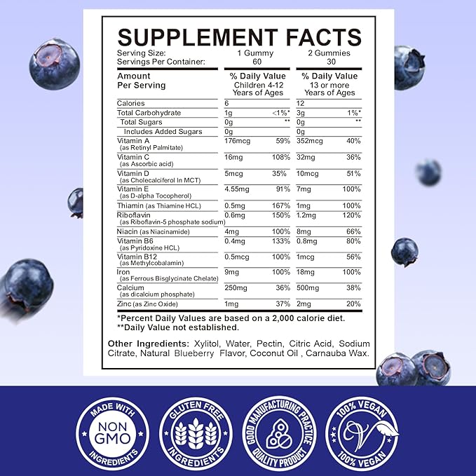 with Calcium, Zinc, Kids Multivitamin with Iron Gummies - Immune Support, Blood Builder & Energy Support for Iron Deficiency, Anemia, Vegan - 60 Gummies Blueberry Flavor